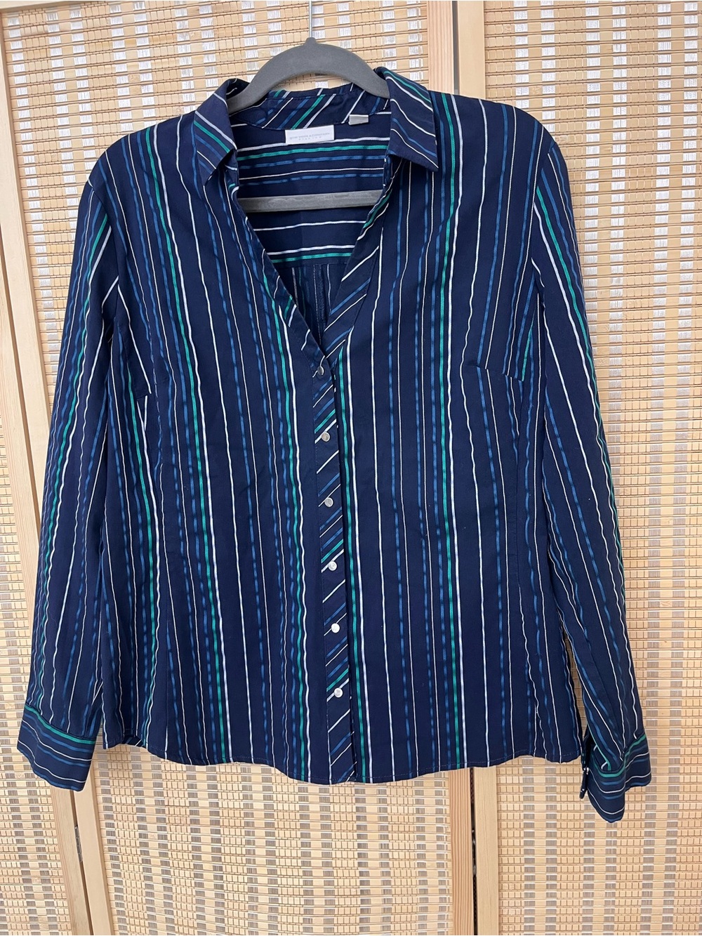 New York & Company Navy Shirt with Teal, Aqua & White Stripes Sz L